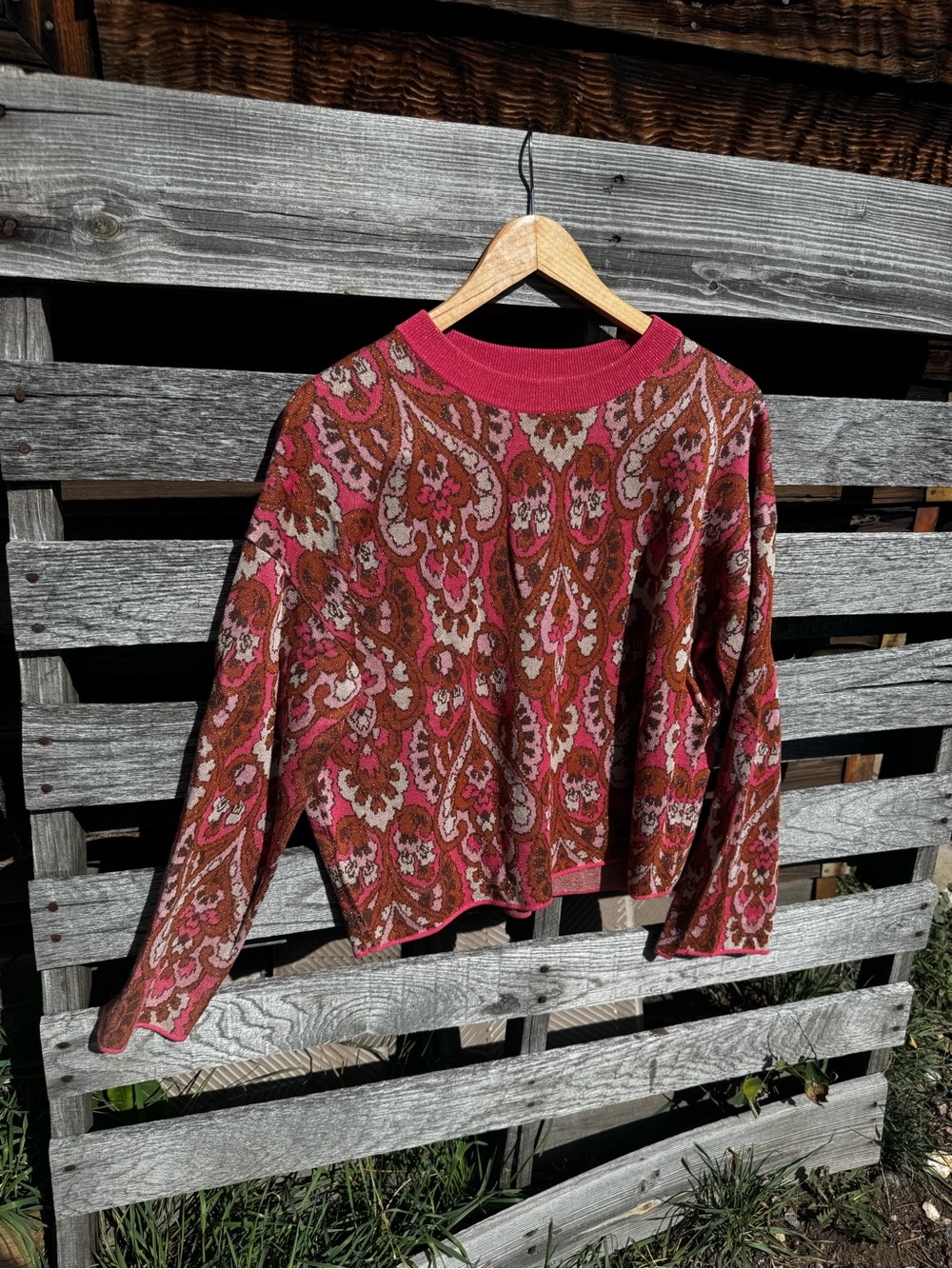 Sezane Pink Brown Paisley Knit Sweater